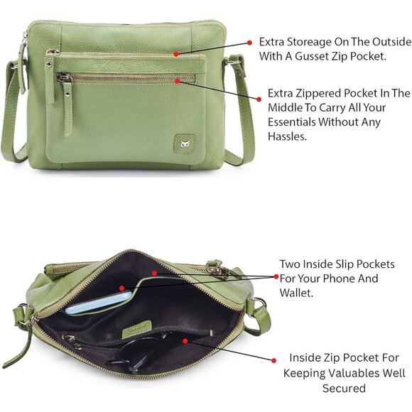 Women Sage Imported Leather Polyester Crossbody Sling Shoulder Crossover Bag - Picture 4 of 6